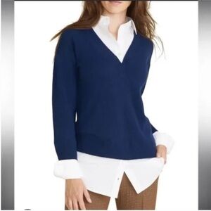 Veronica Beard Brami Mixed-Media Sweater Navy white Cashmere Silk